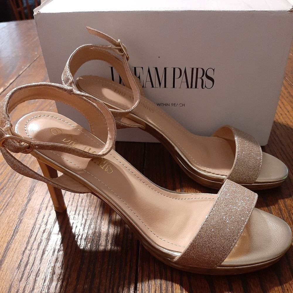 Size 7 Dream Pairs Gold Glitter Stecy-1 Open Toe High Heel Dress Sho…